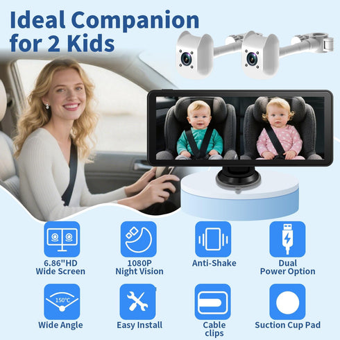Howison 6.86'' 1080P 150 Dual Car Camera Baby Monitor, Baby Car Camera with IR Night Vision, Wide Angle, USB Powered