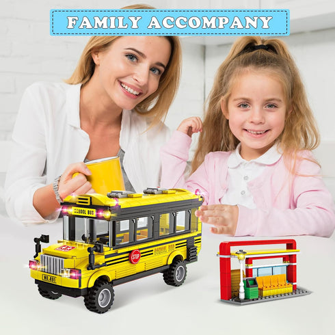 WEMEWEME Set 6+ 488PCS School Bus Building Blocks for Kids Creative Vehicle Toy with Movable Wheels Compatible