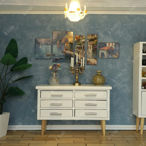 iLAND Dollhouse Furniture 1/12 Scale Dining-Room, Wooden Miniature Table Chair & Cabinet (8pcs)
