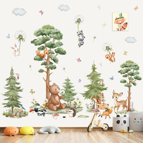 wondever Large Woodland Animal Tree Wall Stickers Forest Animals Bear Deer Dandelion Peel and Stick Wall Art Decals