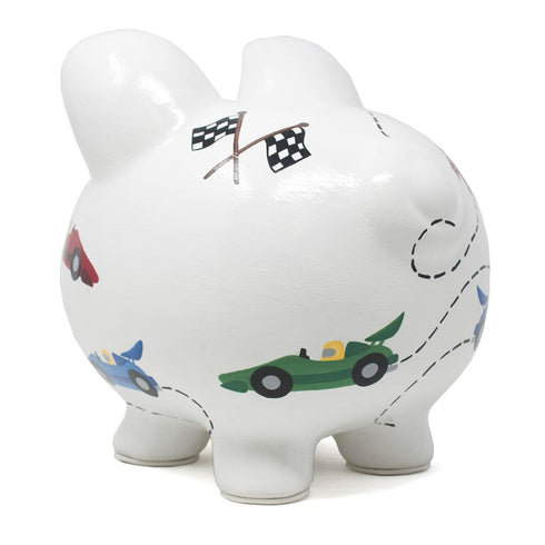 Child to Cherish Ceramic Piggy Bank - Vroom Race Car Design
