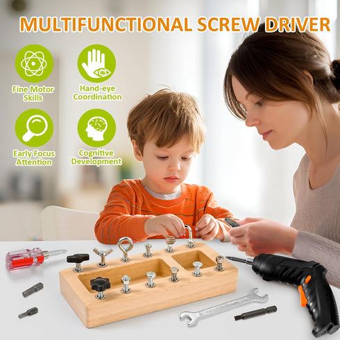 SANANT Set 3 4 5 Montessori Screwdriver Board with Electric Drill, Wooden Montessori Busy Board Toys Screw Driver