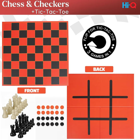 Hi-Q 3-in-1 Set Chess, Checkers & Tic-Tac-Toe Game Double-Sided Folding Board Staunton Style Pieces & Interlocking