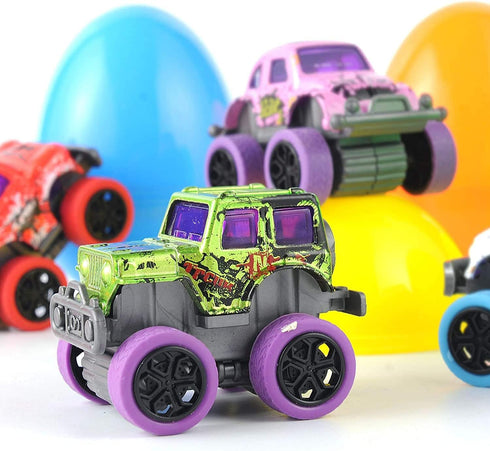 12 JOYIN Pcs Easter Eggs Filled with Pull Back Monster Cars, Easter Trucks Cars for Kids Egg Hunt, Basket Stuffers