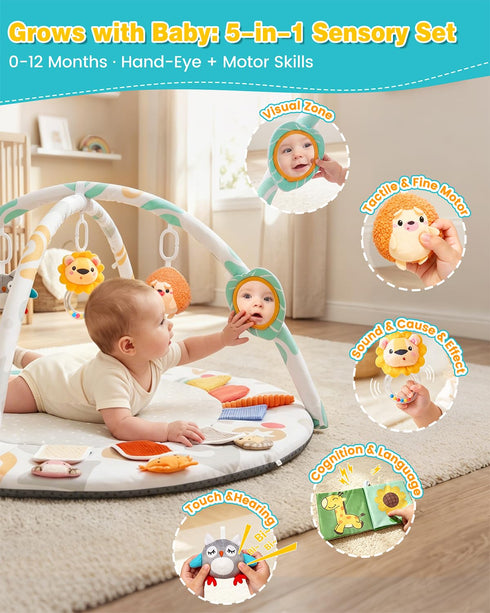 (0-12Mo) 5-Sensory 5 Tummy Montessori Baby Play Gym & Activity Mat for Brain Development | Zones + Toys |Portability
