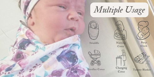 Newborn Floral Print Blanket Baby Stretch Wrap Swaddle Receiving Blanket with Matching Headband and Beanie (Purple