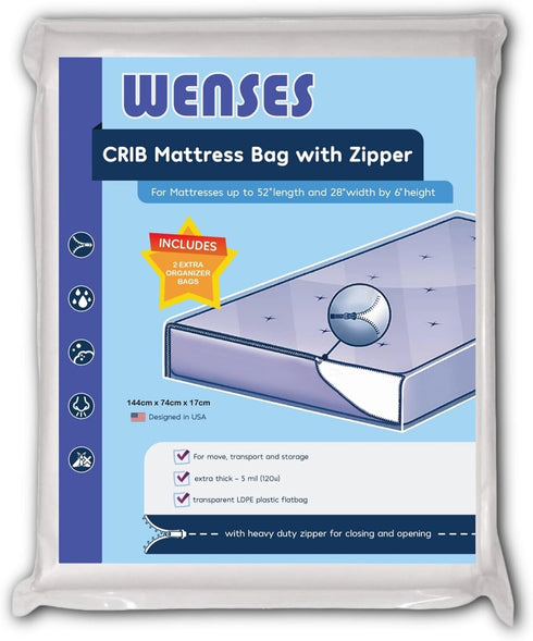 Crib Mattress Storage Bag with Zipper, 5 Mil Clear Plastic Cover for Moving, Accessory Bags Included