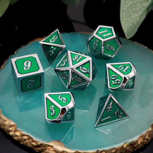 Haxtec 7 Die Metal DND Dice Set, Green Elven Goblin D&D Dice Compatible with Dungeons and Dragons RPG