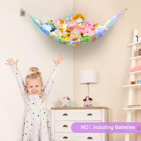 Stuffed Animals Hammock - Kids Toy Storage with LED Light Unicorn Castle Plush Organizer for Nursery