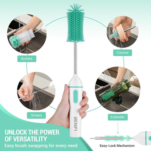 Benifi Set, Travelling Electric Bottle Brush Cleaner, Baby Bottle Brush Fully Water -Proof Bottle Brush, Long Handle