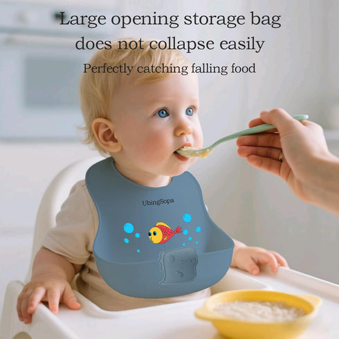 Silicone Baby Bibs Adjustable, Soft, Waterproof & Durable, with Large Food-Catching Pocket, Feeding-Friendly