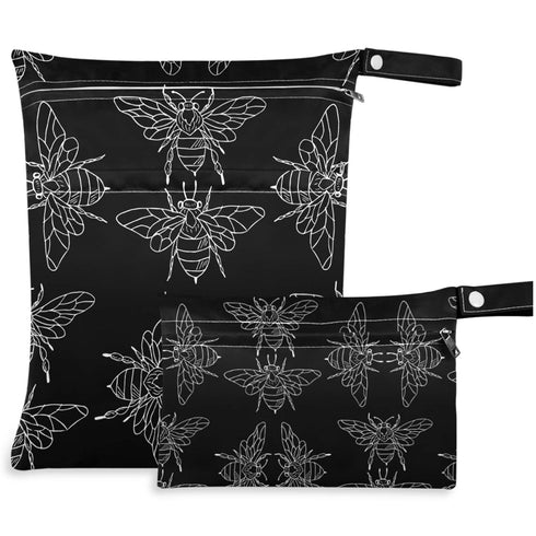 visesunny Black Bee Doodle 2Pcs Wet Bag with Zippered Pockets Washable Reusable Roomy