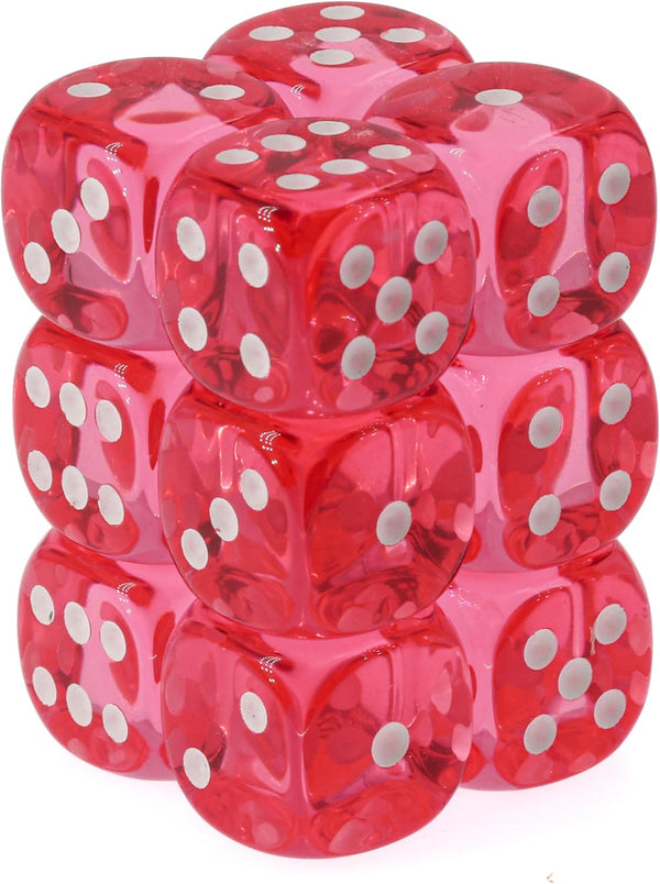 Chessex Polyhedral Translucent 12-Die Set, 16mm 6D Pink/White Dice for Dungeons and Dragons, Role Playing Games, MTG,