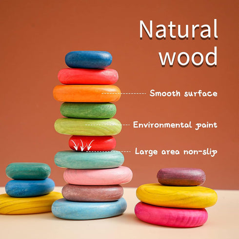 OESSUF 16PCs Stacking Rocks Wooden Blocks, Balancing Stacking Stones for Toddler Rainbow Pebbles Sorting Toys