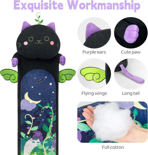 Long Cat Plush Kawaii Body Pillow, 20” Cute Black Cat Stuffed Animals Soft Plushies, Kitten Plush Throw Pillow Doll Big Plush Toys Gift for Girlfriend