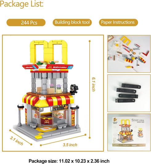 Building Blocks City Street View Toy: 3D DIY Bricks Set, Unique Home Decor, 244PCS Burger Shop