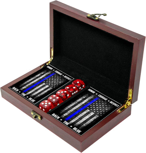 Military Gift Shop Police Officer Playing Cards & Dice in Wooden Keepsake Box - Thin Blue Line Flag