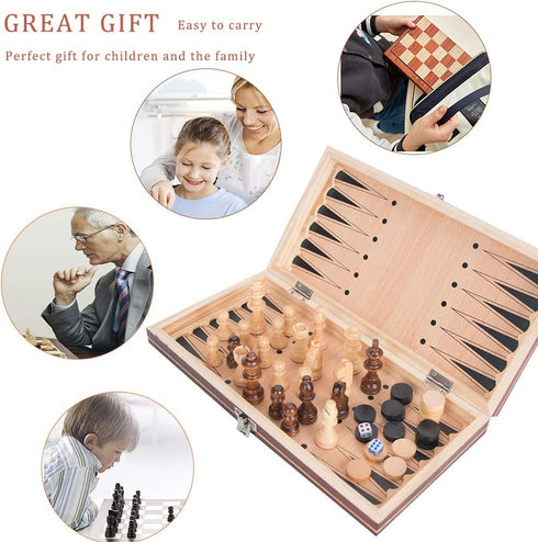 3-in-1 Chess Backgammon Checkers Set - 11 inch Wooden Board Game with Folding Carrying Case for Travel