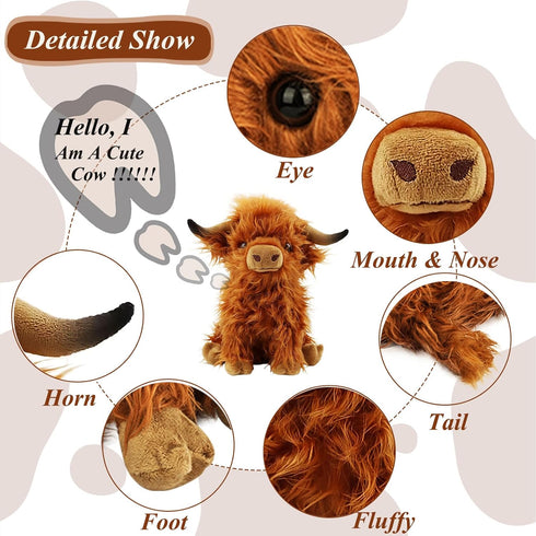 Stuffed Animals Highland Cows, 11 inches Cute Fluffy Cattle Dolls for Baby Kids Girls Boys