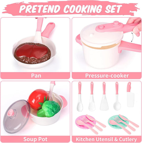 Kids Play Kitchen Accessories Set, Pretend Play Cooking Toys Set, Kitchen Toys Playset for Toddlers, Toy Pots and Pans for Kids Kitchen with Fake Play Food Cookware Utensils Dishes, Girls Boys Gift