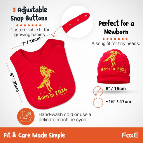 Set 2026 Set 100% 0-24 FoxE Year of the Horse Gift Born in - Bib, Beanie & Plush Toy Gift - with Chinese New Year Red