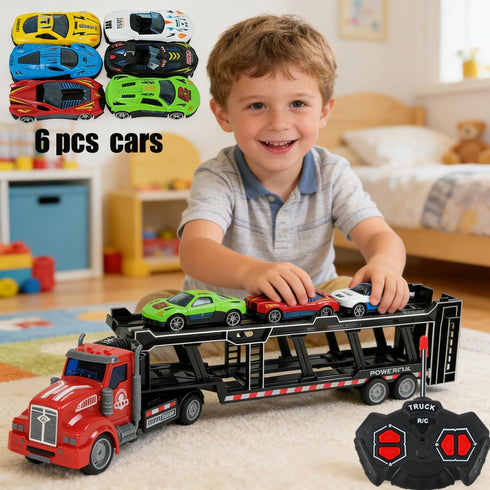 CALEST 6 14" 1:48 2 3-8 Remote Control Car Transporter Truck Includes Cars, Car Transporter Semi Truck Toy, Equipped