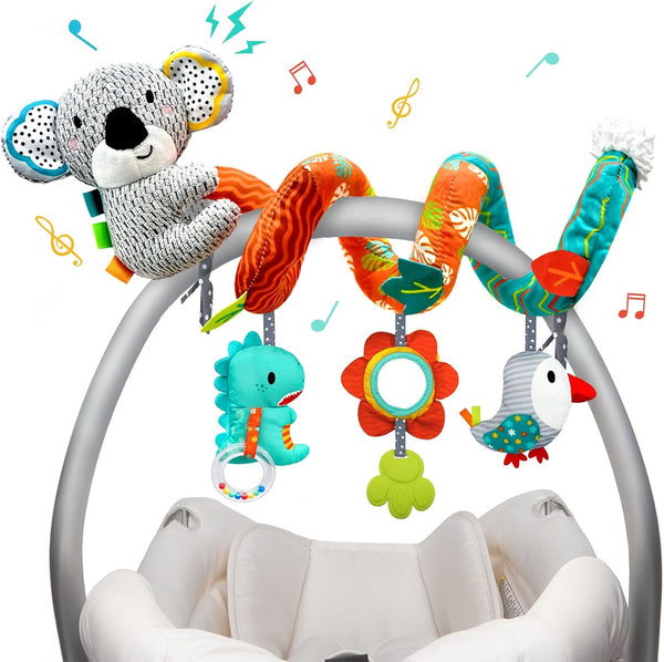 XIXILAND Car Seat Toys for Infants 0-12 Months, Developmental Stroller Toys with Dinosaur, Lion Mirror, Teether