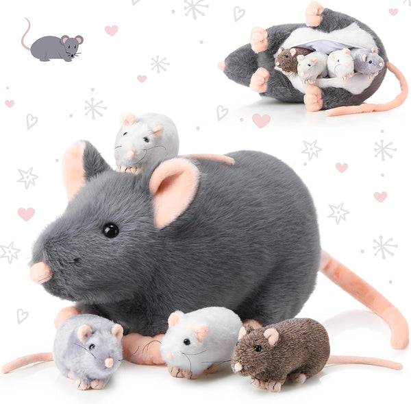 5 Pcs Mouse Stuffed Animals Set - 14'' Large Mommy Rat Plush with 4 Small Mouse Babies for Kids Birthday