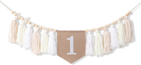 1st Birthday High Chair Banner - White Tassel Theme Banner For Girl