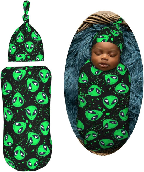 Green Alien Head Newborn Swaddle Blankets Hat Sets Soft Baby Receiving Blanket Swaddle Sack for Baby Shower Infant Boy Girl Gift by Muishi