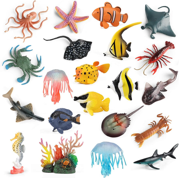 Sea Animals Toys Figures 21Pcs, Plastic Marine Creature Shark Fish Starfish Crab