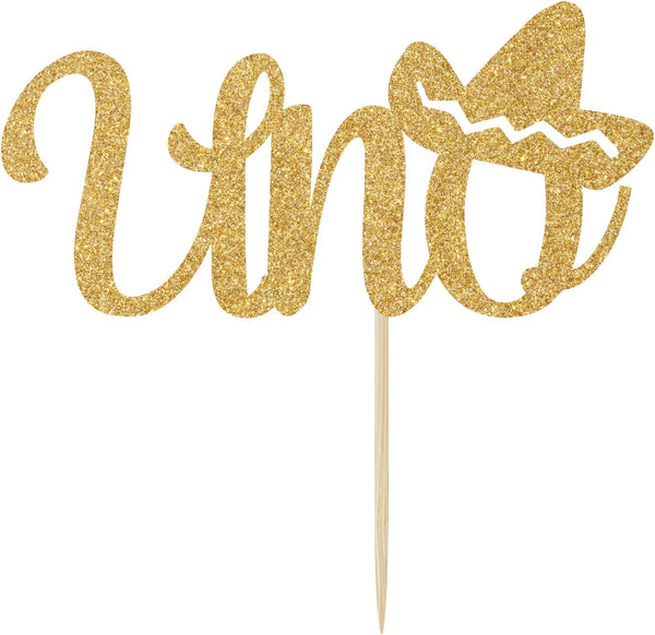 Spanish Uno Cake Topper Fiesta Party Decor for Mexican 1st Birthday Decoration, Gold Glitter
