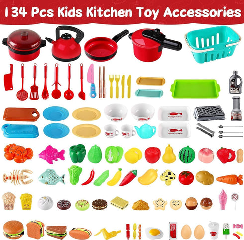 FunMission 134 Playset Pcs Toy Kitchen Accessories, Toddler Pretend Cooking Toys with BBQ Grill, Pressure Cooker