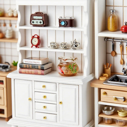 Minamzee 1/12 Dollhouse Cabinet Set, 11Pcs Dollhouse Miniature Wooden Bookshelf with Accessories (Alarm