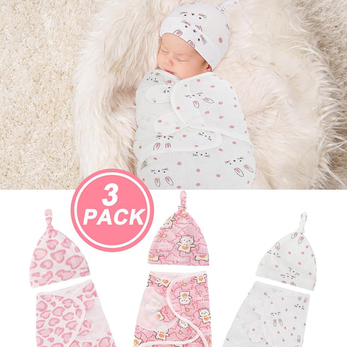 3 Pack Preemie Swaddle Blanket with Hat Set, Baby Receiving Blanket for Preemie Newborns