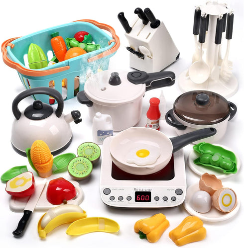 CUTE STONE Kitchen Toy with Cookware, Steam Pressure Pot, Electronic Induction Cooktop, Cut Play Food, Shopping Basket
