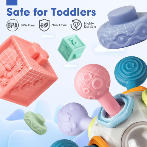 Jyusmile Baby Sensory Teething Toys Set, Montessori Baby Toys 6-12 Months, Incl Newborn Rattle Teether & Baby Blocks & Soft Stacking Rings, Ideal Baby Boy Girl Gifts, Infant Toys 0-3-6-9-12-18 Month