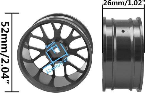 4Pack HIRCQOO Metal Wheel Rims, 12mm Hex Hub, Compatible with 1/10 On-Road Racing Touring Drift Car, Width 26mm, Black