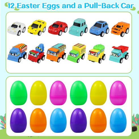 ISTOOLL 12PCS Pre Filled Easter Eggs Car Gifts for Kids with Pull-Back Cars Easter Basket Stuffers Easter Eggs Hunt