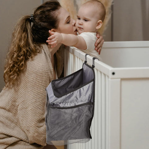 SHOWERORO Foldable Diaper Organizer Hanging Crib Storage Bag with Multiple Pouches for Nursery Changing Table and Milk