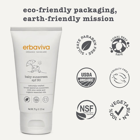 2.5 Erbaviva Organic Baby Sunscreen Ounce - Coral Reef Safe, Natural, UVA & UVB Protection, Water Resistant, Infused