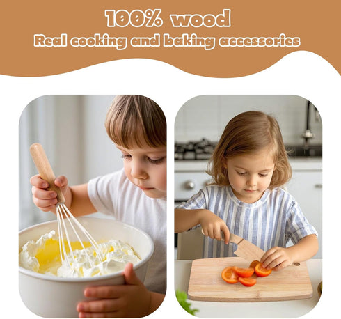 IHFAIO Set 8 Sets Kids Knife for Real Cooking, PCs Kids Cooking for Little Chef, Nature Wood Utensil