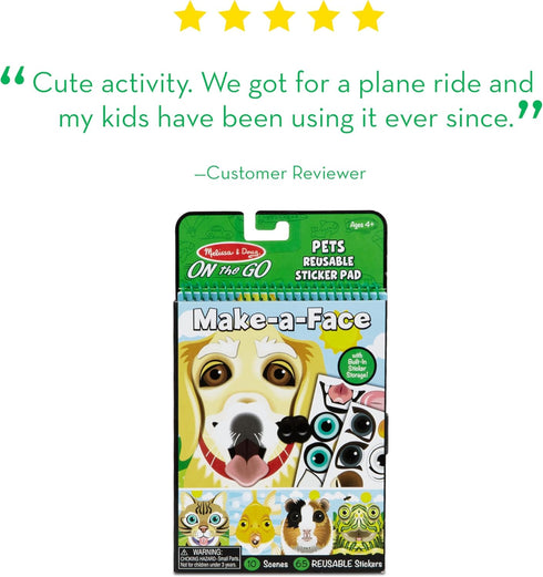 Melissa & Doug On the Go Make-a-Face Reusable Sticker Pad Travel Toy Activity Book – Pet Animals (10 Scenes)