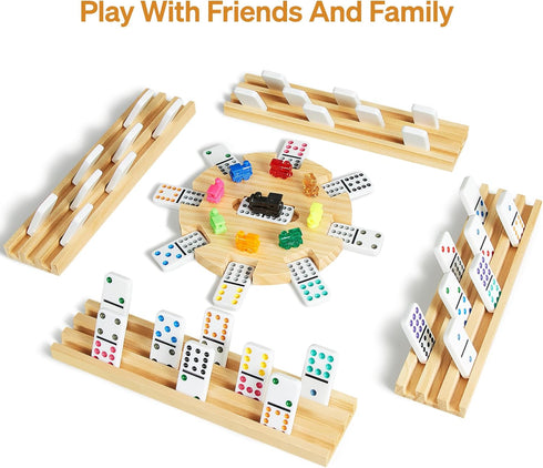 12 Set 4 91 9 ELONGDI Mexican Train Double Dominoes with Wooden Trays/Racks in Portable Carrying Case Colorful Tiles