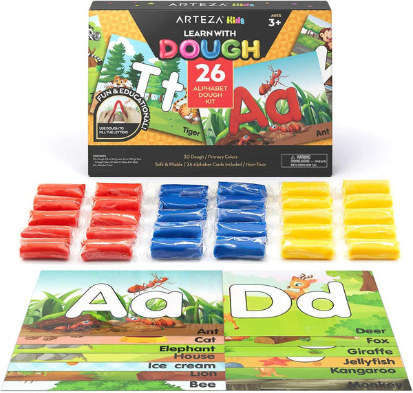 Arteza Kids Play Dough, Alphabet Learning Kit, 30 Pieces Air Dry Clay, 0.8 oz, Red, Yellow, Blue, 26 Alphabet Cards