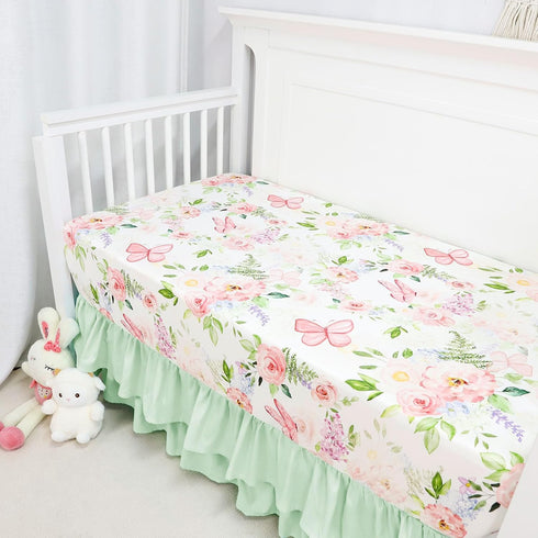 4 Set Set Set Piece Crib Bedding for Girls, Baby Girl Crib Bedding Butterflies Floral Nursery Bedding Includes