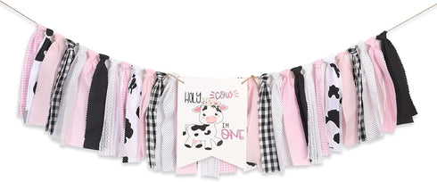 Holy Cow I'm One 1st Birthday High Chair Banner, Farm Themed, Pink,