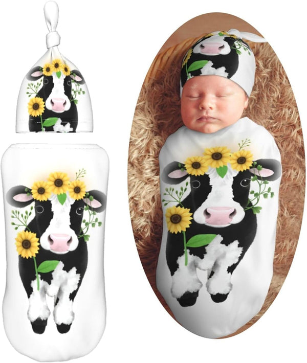 Ornate Cow in Sunflowers Newborn Swaddle Blanket with Beanie Set Soft Baby