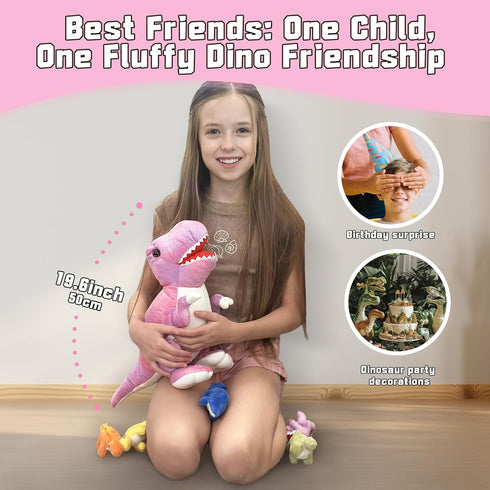 19.6 inch 5 Set Muiteiur Pink Dinosaur Stuffed Animals, Soft Dinosaur Stuffed with Cute Babies T-Rex Zippered Belly
