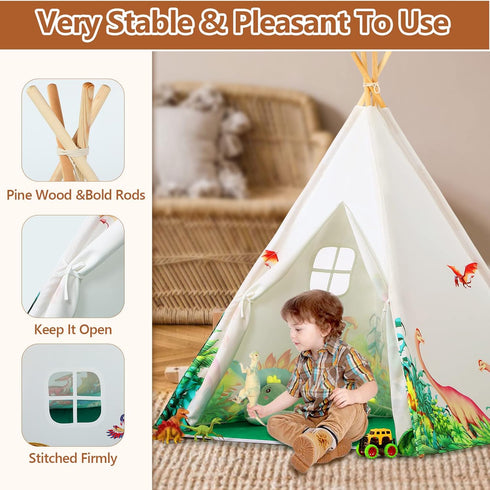 Dinosaurs Teepee Tent for Kids, Play Tent with Roar Button, Lights, and Mat for Indoor Outdoor Games